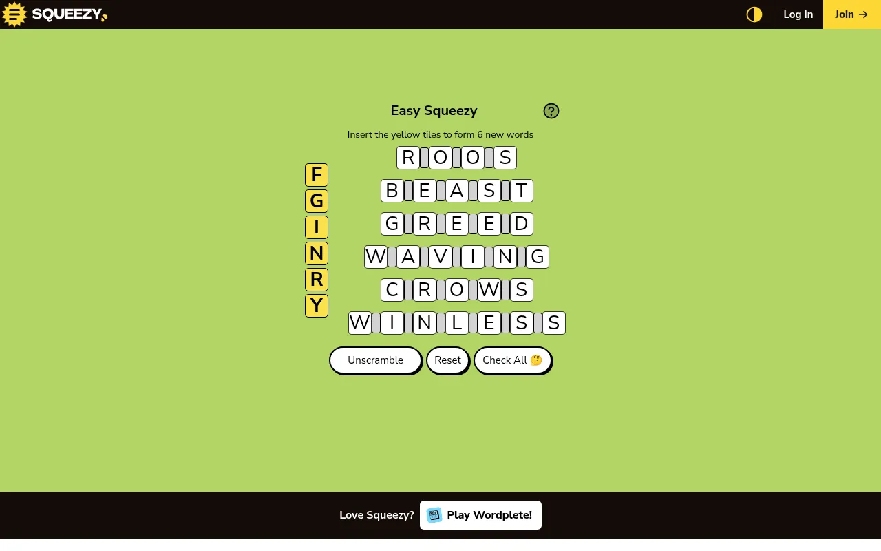 Today's Easy Squeezy, 22 October 2026: six yellow tiles F, G, I, N, R, Y to insert into ROOS, BEAST, GREED, WAVING, CROWS and WINLESS