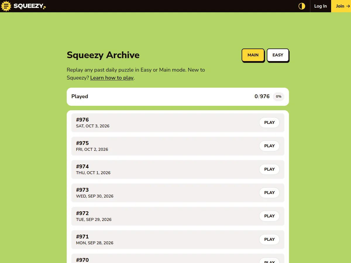 The Squeezy archive listing numbered daily puzzles by date