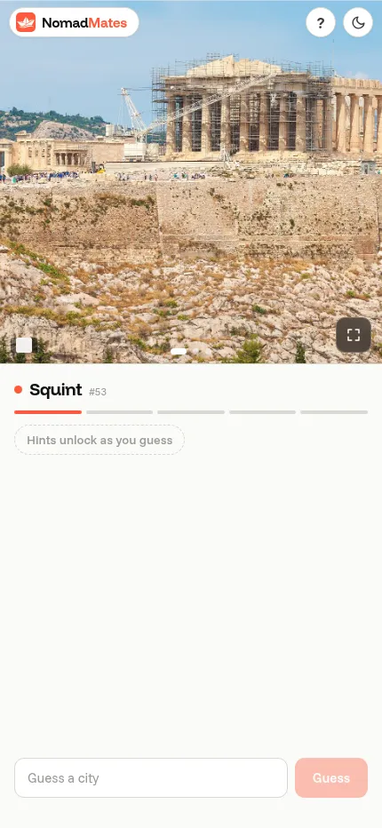 Squint on a phone: the day's cropped city photo above the five guess bars and the city guess box