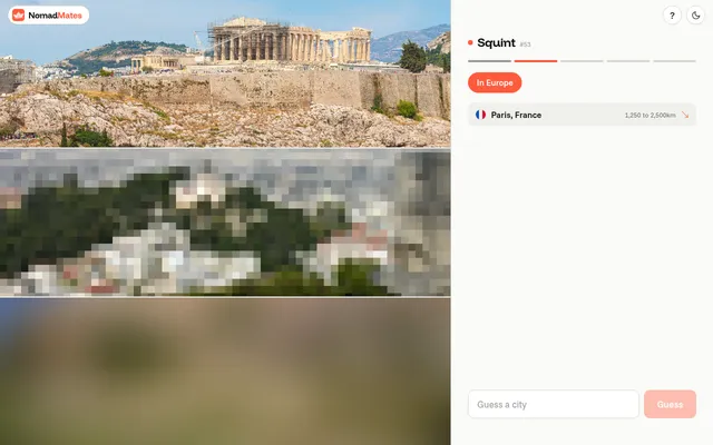 Squint round 53 on a desktop after one miss: three photos of the city, one cropped, one pixelated and one blurred, with an In Europe hint and the guess Paris marked 1,250 to 2,500 km with an arrow