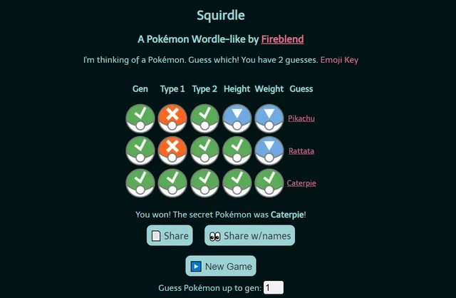Squirdle board with three guesses, Pikachu, Rattata and Caterpie, marked with Poké Ball clues for generation, types, height and weight