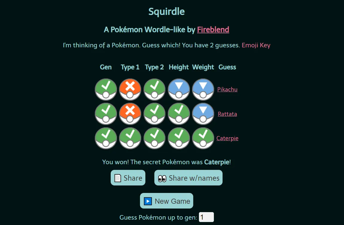 Squirdle board with three guesses, Pikachu, Rattata and Caterpie, marked with Poké Ball clues for generation, types, height and weight