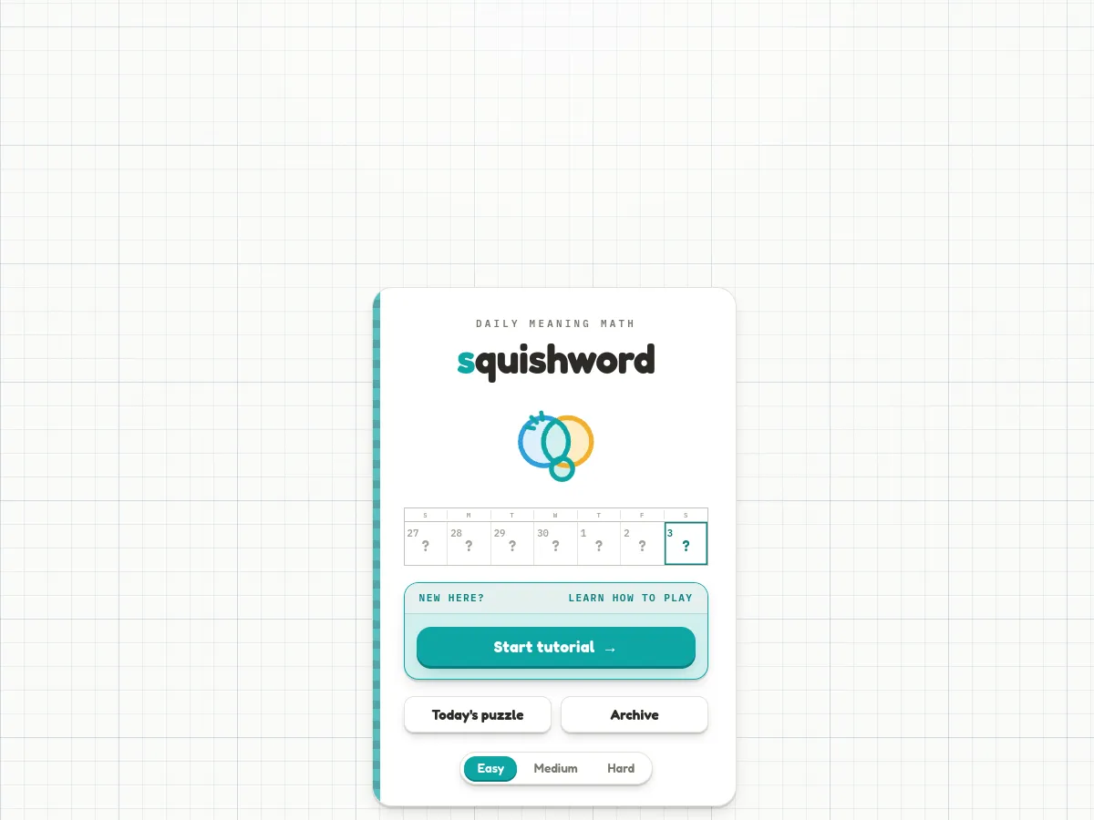 Squishword home screen with a week calendar of daily puzzles, Today's puzzle and Archive buttons, and Easy, Medium and Hard settings