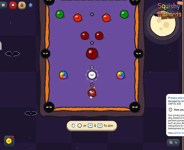 Squishy Billiards daily rack No. 115 on 28 October 2026: a purple Halloween table with orange rails, red and green blobs, two rainbow balls, spikes and the white cue ball