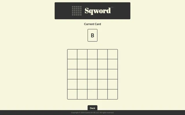 Sqword at the start of today's game: the current card B above an empty 5 by 5 grid, with the Deck button below