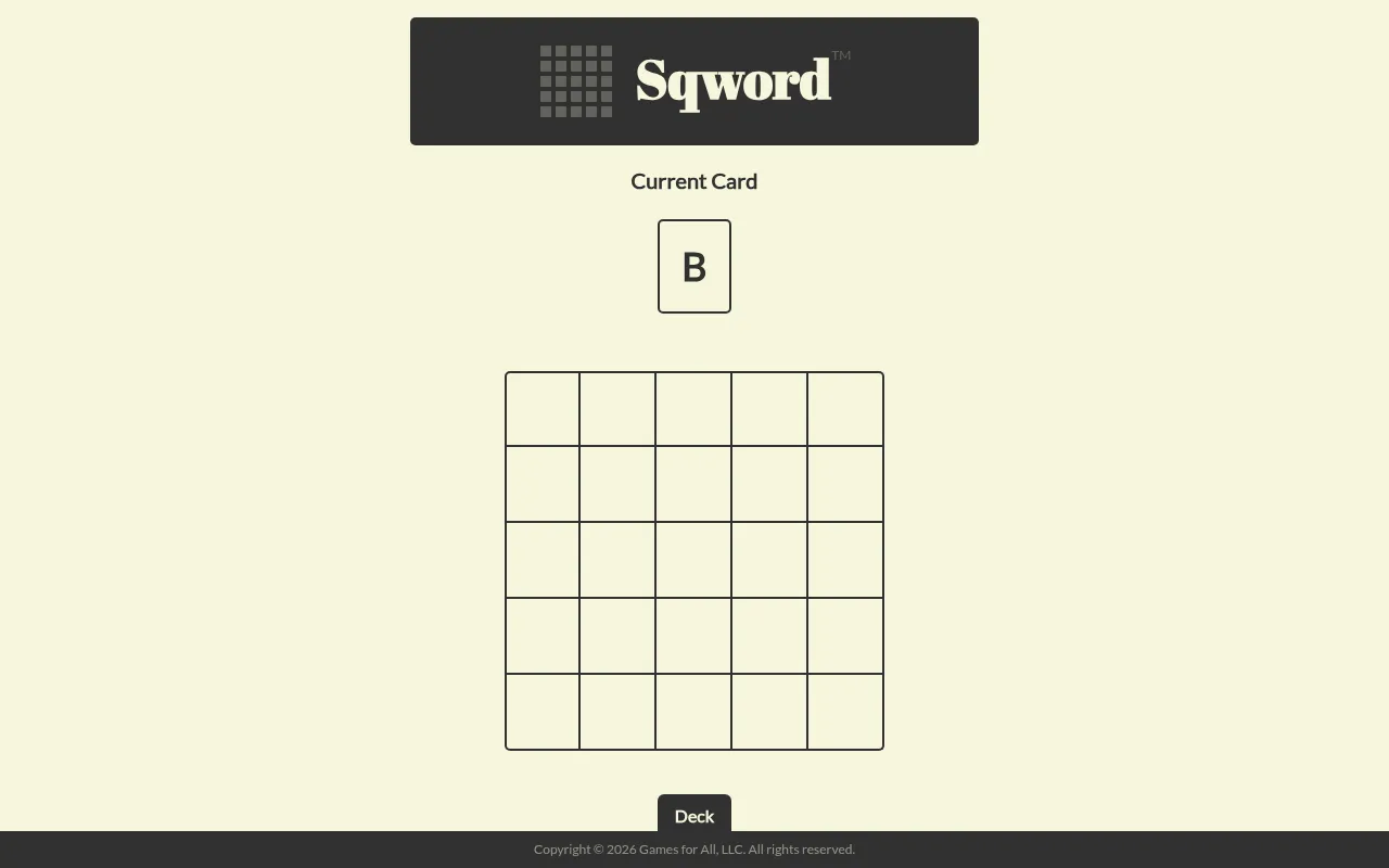 Sqword at the start of today's game: the current card B above an empty 5 by 5 grid, with the Deck button below
