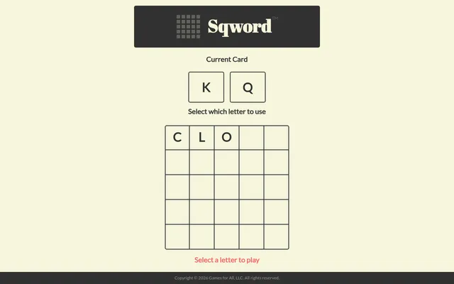 Sqword mid-game: C, L and O placed across the top row of the 5 by 5 grid, with a two-letter card offering K or Q to choose from
