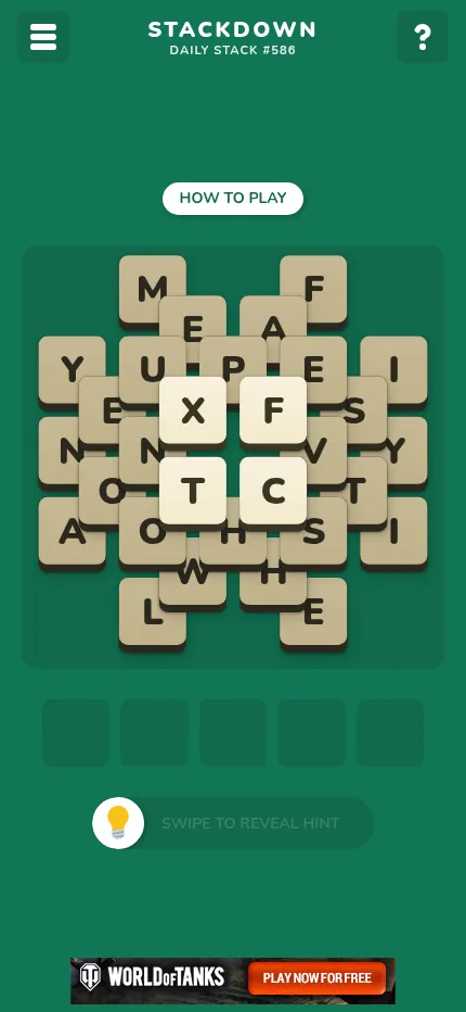 Stackdown Daily Stack #586 at phone size: the tile pile, five empty slots and the hint bar, with a banner ad at the foot of the screen