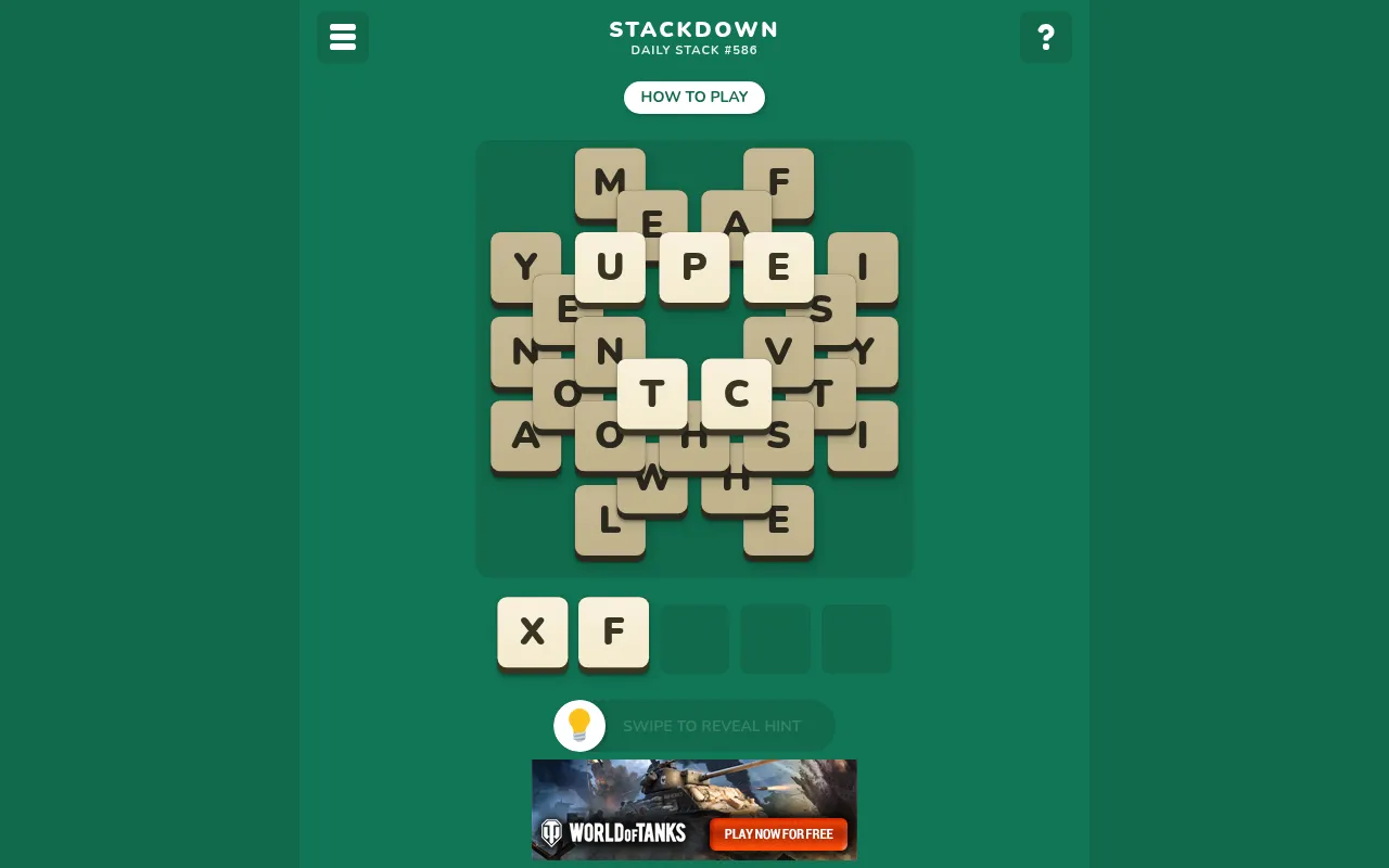 Stackdown mid-play: X and F moved into the word slots, uncovering U, P and E on the pile