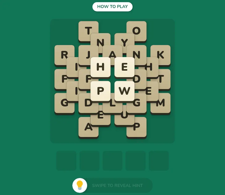 Stackdown Daily Stack #574: a pile of overlapping letter tiles with the exposed H, E, P and W lit on top, five empty word slots below and the swipe-to-reveal hint bar