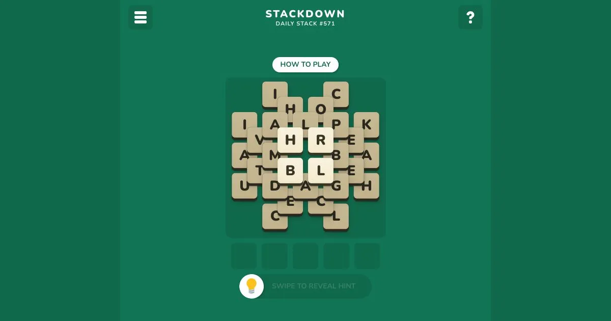 Stackdown Daily Stack 571: a pile of overlapping beige letter tiles above five empty slots and a swipe-to-reveal hint bar