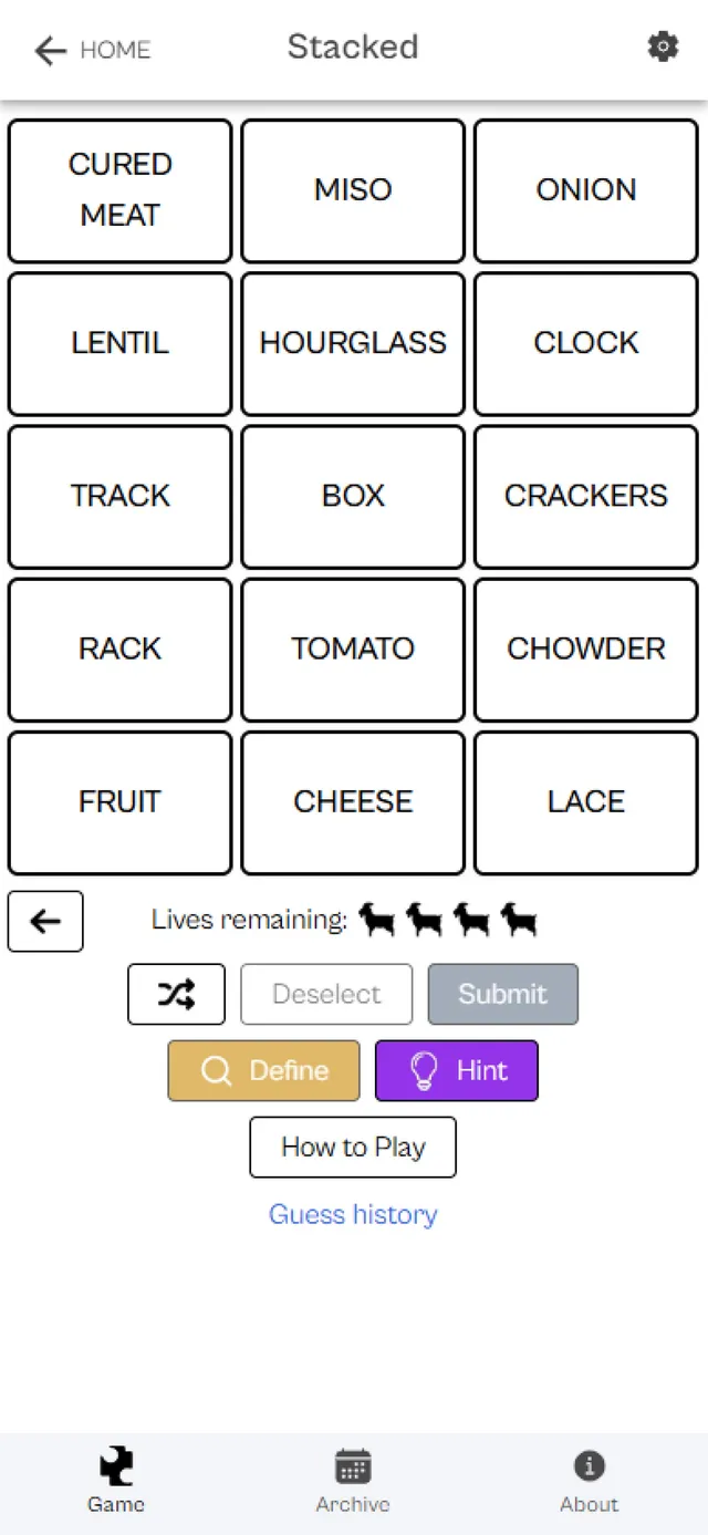 A Stacked board in the CleverGoat app: fifteen word tiles such as MISO, HOURGLASS and CHOWDER, with four goat lives and Define and Hint buttons