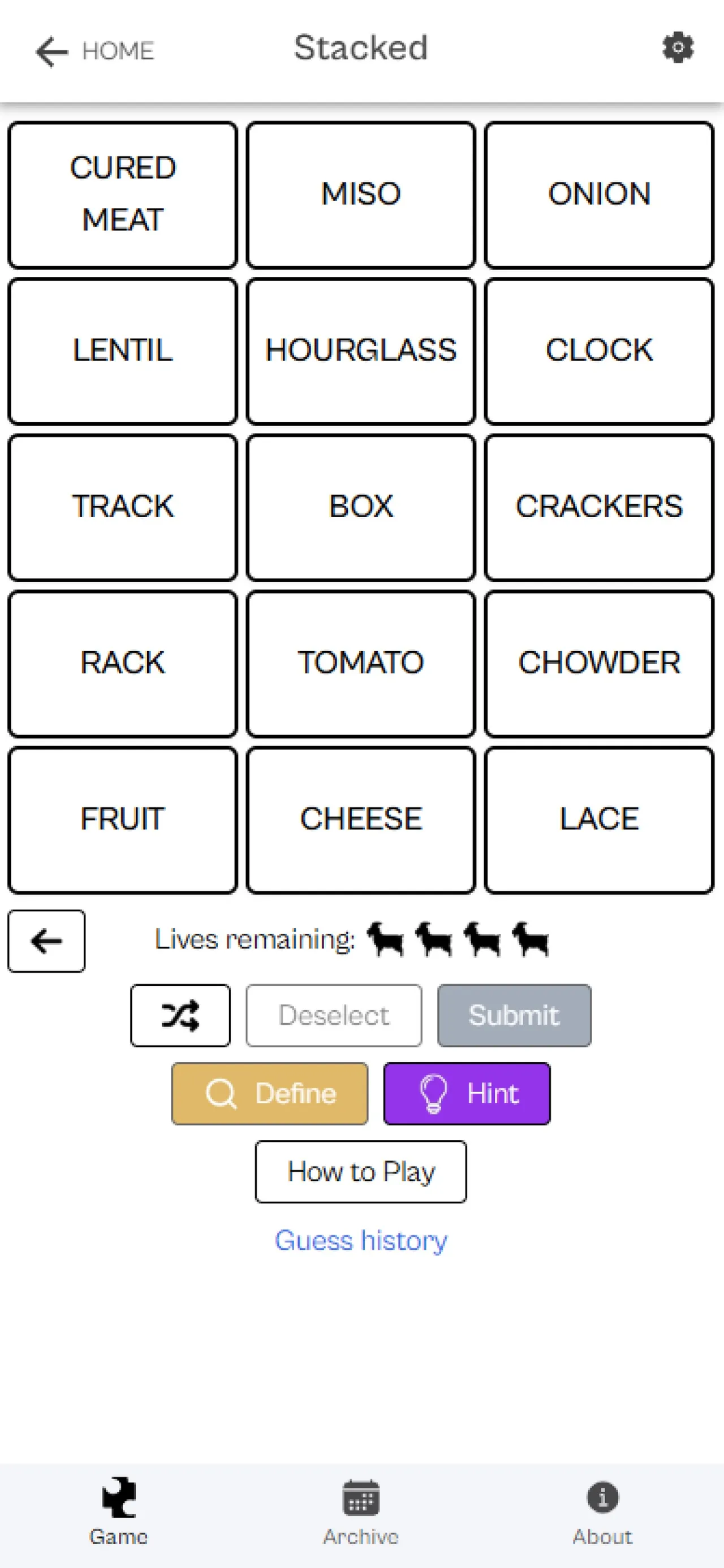 A Stacked board in the CleverGoat app: fifteen word tiles such as MISO, HOURGLASS and CHOWDER, with four goat lives and Define and Hint buttons