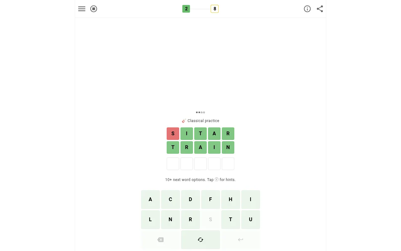 Stackle's Classical practice puzzle: the starter words SITAR and TRAIN stacked above an empty row, a stack counter of 2 of 8 and twelve spare letters