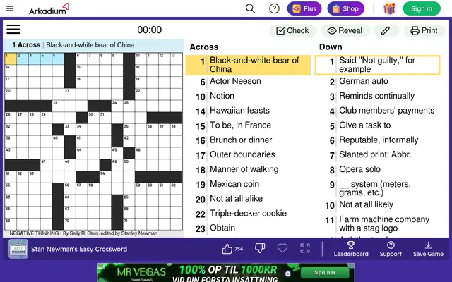 Stan Newman's Easy Crossword for 17 October 2026: the empty Negative Thinking grid by Sally R. Stein, 1 Across highlighted, with the Across and Down clue lists