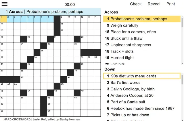 A Stan Newman's Hard Crossword grid with its clue list