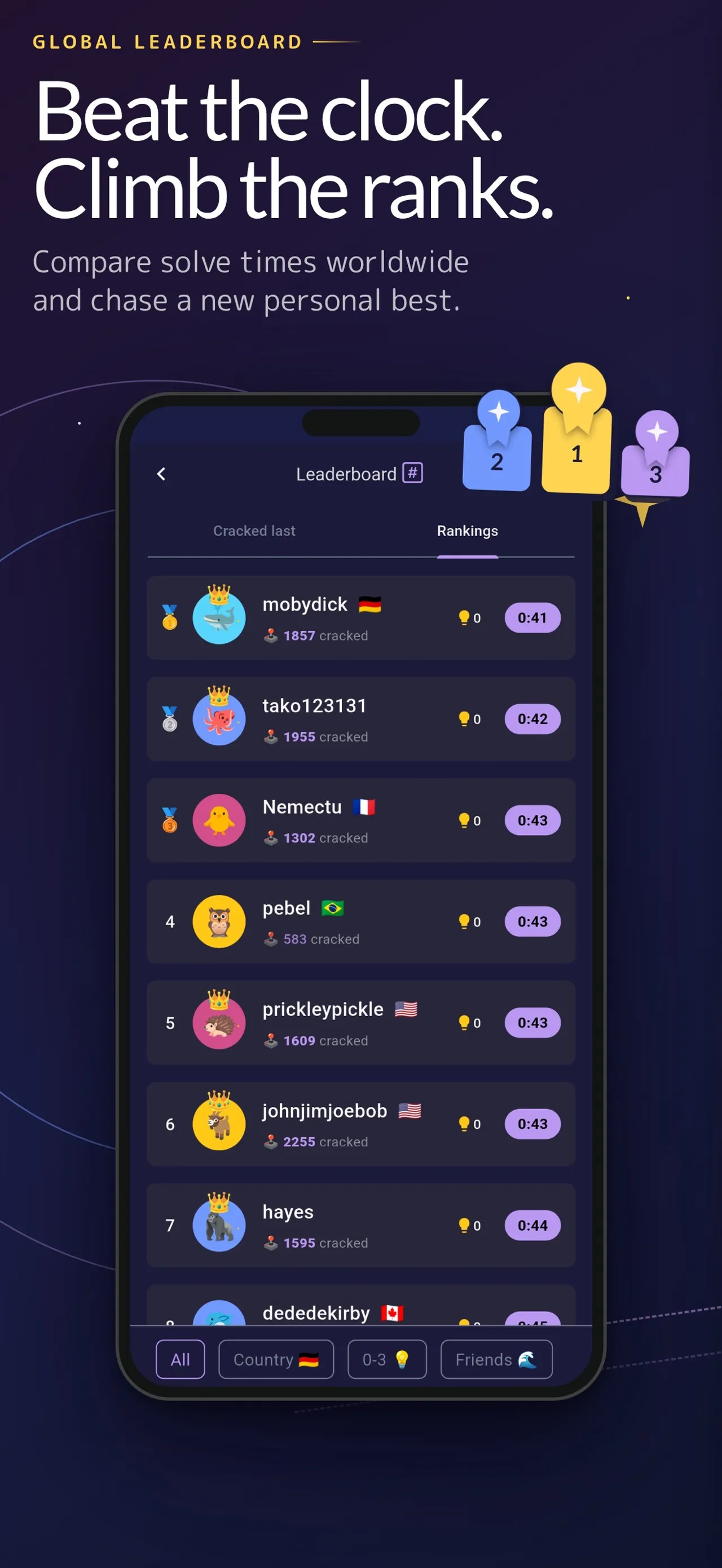 The Hoshi leaderboard ranking players by solve time, with country flags