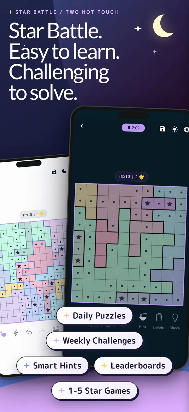 Hoshi store art: two phones showing coloured Star Battle grids with stars placed, beside the words Star Battle, easy to learn, challenging to solve