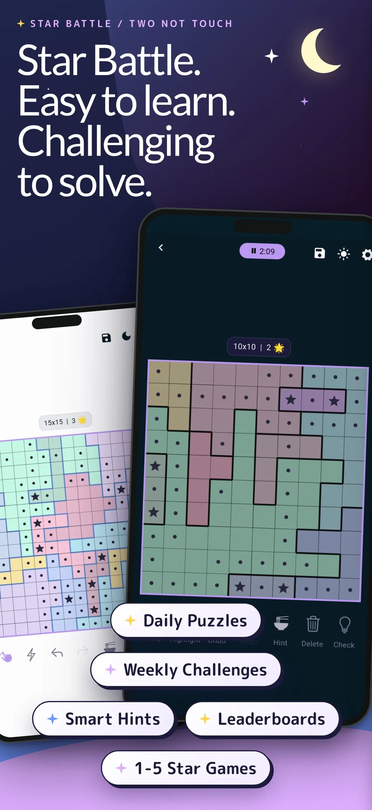 Hoshi store art: two phones showing coloured Star Battle grids with stars placed, beside the words Star Battle, easy to learn, challenging to solve