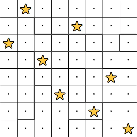 A completed 8x8 one-star Star Battle from PuzzleMadness's rules, one gold star in each row, column and outlined region
