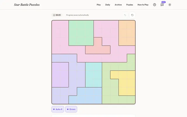 The Star Battle Puzzles daily board for October 6, 2026: an empty 10x10 grid split into pastel regions with bold outlines, a timer at 00:05 and the Auto-X and Errors toggles