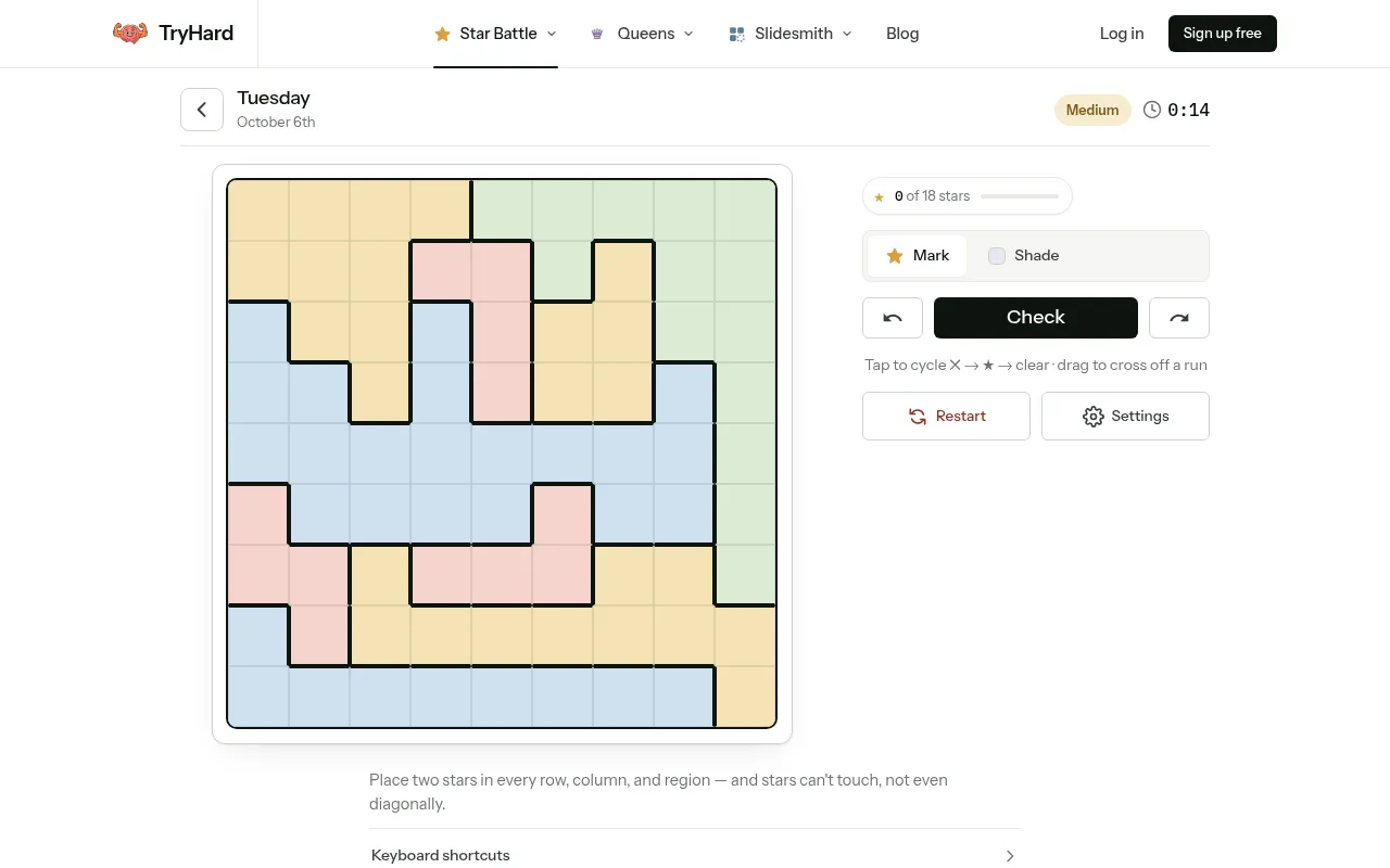 TryHard Puzzles' Medium Star Battle for Tuesday, October 6th: an empty 9x9 grid of outlined pastel regions beside the 0 of 18 stars counter, Mark and Shade modes and the Check button