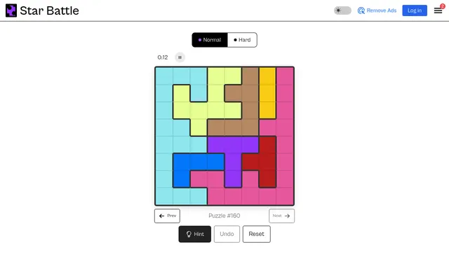CleverGoat Star Battle Puzzle #160 (Normal): an empty 8x8 grid in eight coloured regions, with timer, Hint, Undo and Reset
