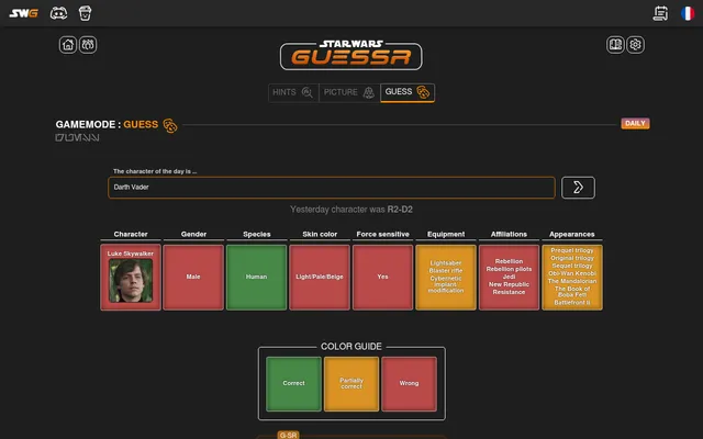 Star Wars Guessr's daily Guess mode on 29 October 2026: Luke Skywalker guessed, with gender, species, skin, Force, equipment, affiliation and appearance cells marked green, orange or red
