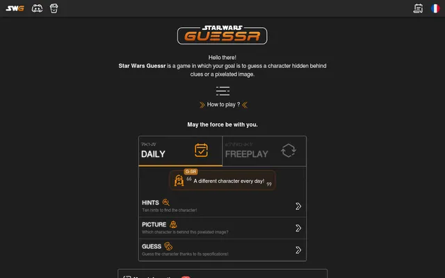The Star Wars Guessr home page: the game's logo above the Daily tab with its three modes Hints, Picture and Guess