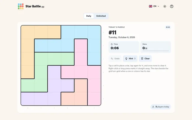 StarBattle.gg today's puzzle #11 for Tuesday, October 6, 2026: an empty 6x6 grid of pastel regions beside the timer, a 0 of 6 stars counter and the Undo, Hint and Clear buttons