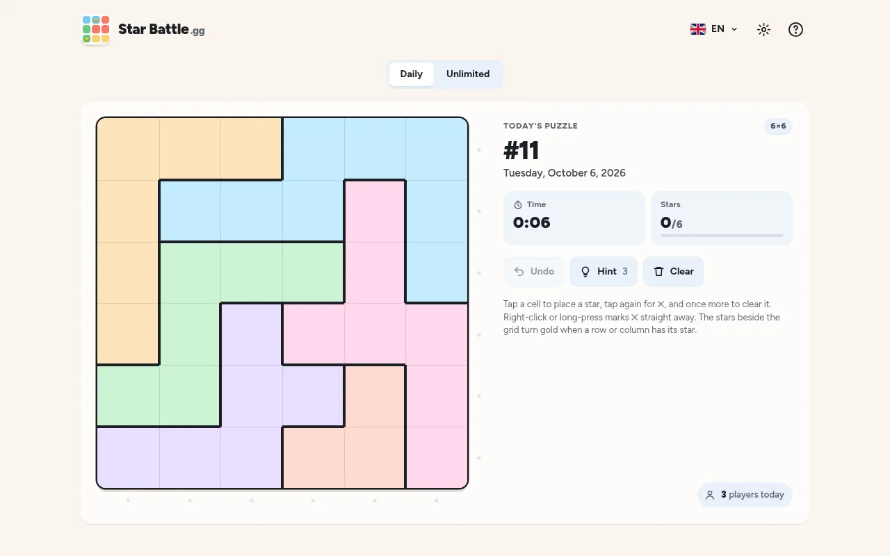 StarBattle.gg today's puzzle #11 for Tuesday, October 6, 2026: an empty 6x6 grid of pastel regions beside the timer, a 0 of 6 stars counter and the Undo, Hint and Clear buttons