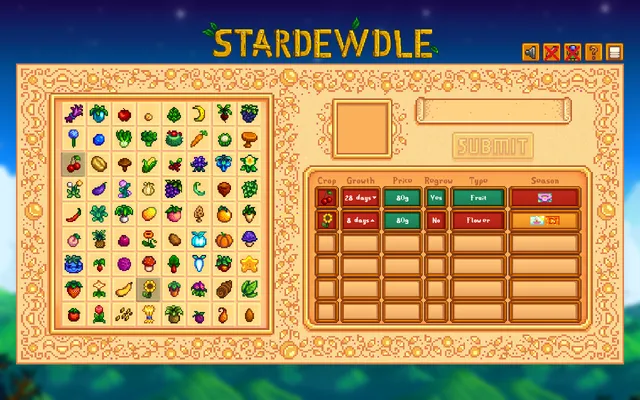 Today's Stardewdle board: the grid of crop icons with two guesses, Cherry and Sunflower, scored by growth, price, regrow, type and season