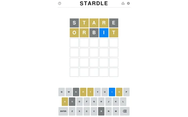 Today's Stardle board in play: STARE and ORBIT guessed, with blue, yellow and grey tiles above the on-screen keyboard