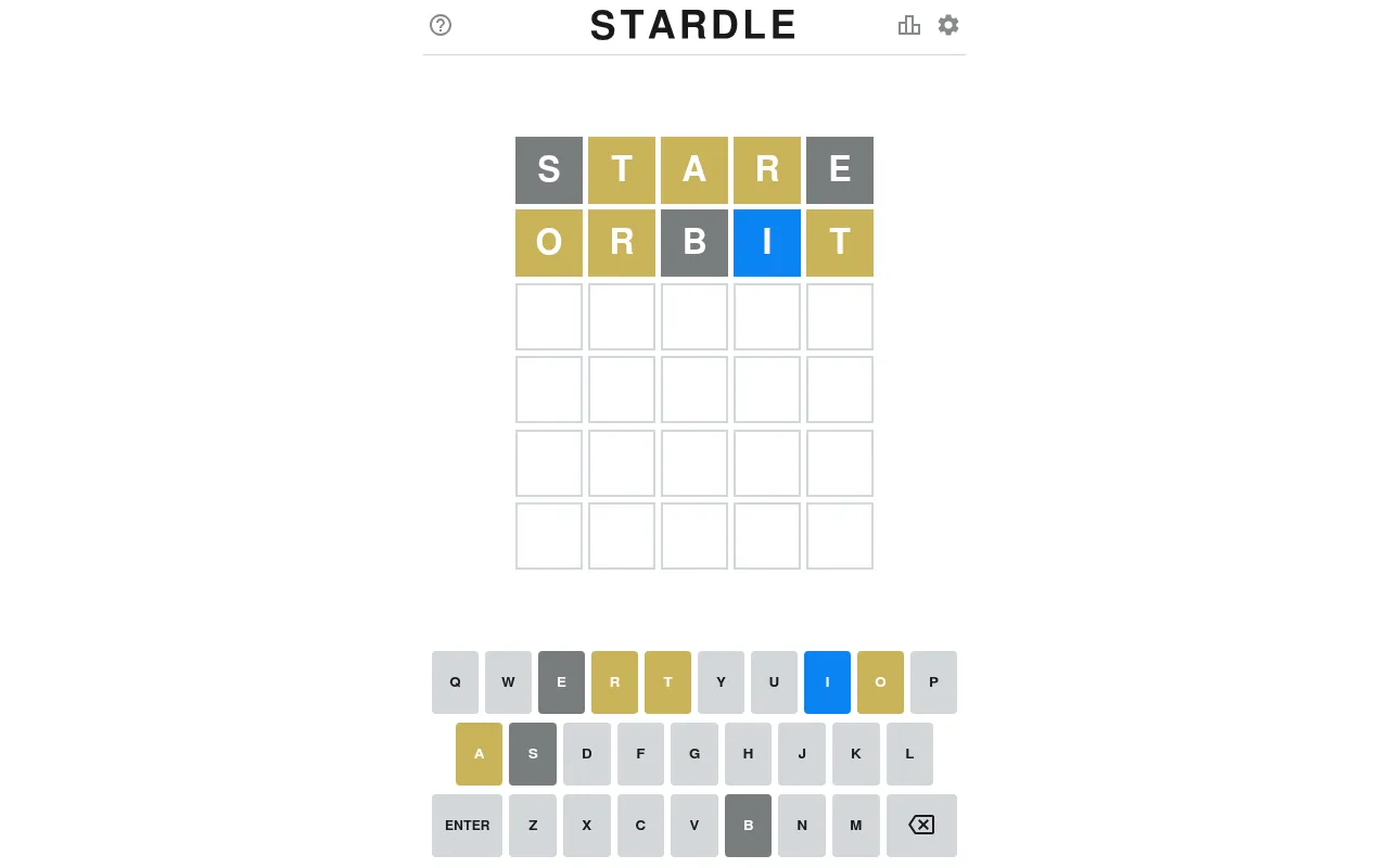 Today's Stardle board in play: STARE and ORBIT guessed, with blue, yellow and grey tiles above the on-screen keyboard