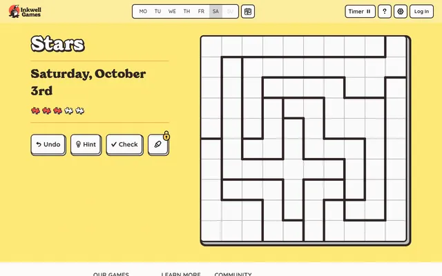 Stars on Inkwell Games for Saturday 3 October: an empty 10x10 Star Battle grid divided into bordered regions, with the weekday picker, Undo, Hint and Check