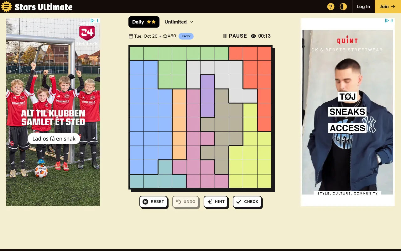 Today's Stars Ultimate daily, Tue Oct 20, puzzle #30 marked Easy: an empty 10x10 grid of coloured regions, with Reset, Undo, Hint and Check below