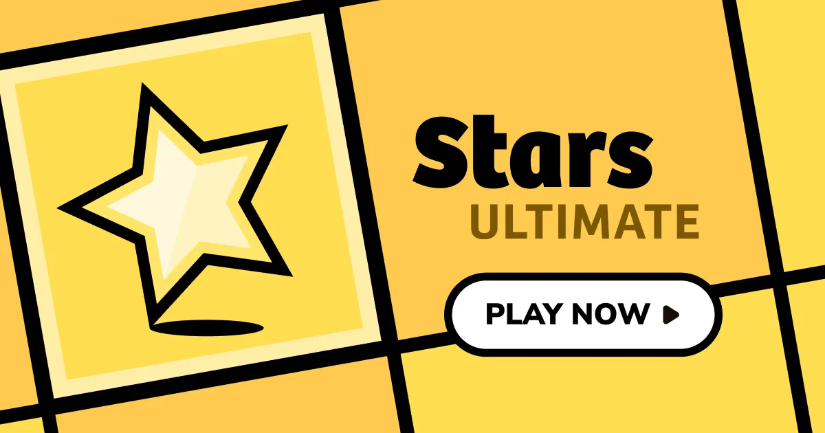 Stars Ultimate share card: a large white star on a yellow tile beside the name Stars Ultimate and a Play now button