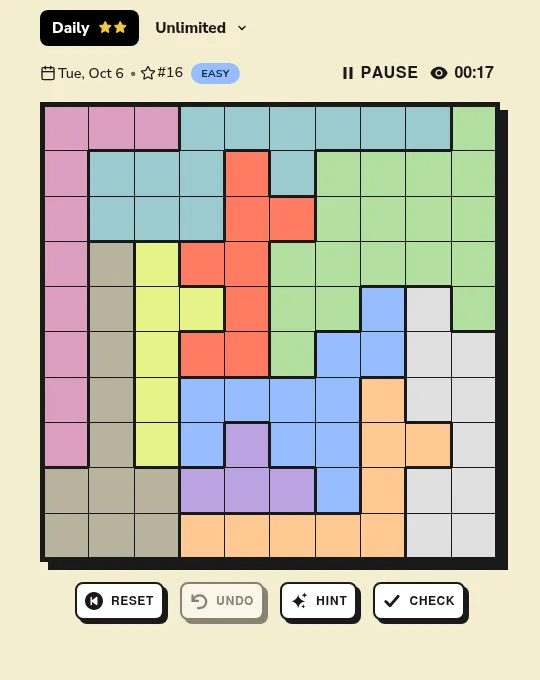 The Stars Ultimate daily for Tue, Oct 6, puzzle #16, marked Easy: an empty 10x10 grid of coloured regions with Reset, Undo, Hint and Check buttons below