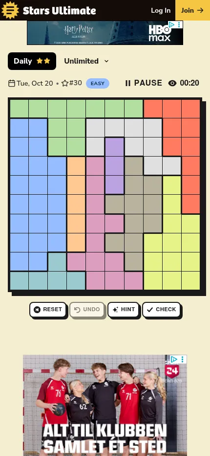 Stars Ultimate on a phone: the Oct 20 daily, #30 Easy, a 10x10 grid of coloured regions with its timer and Reset, Undo, Hint and Check buttons