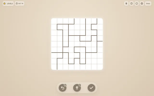 The Starspuzzle daily board for Oct 19: an empty 9x9 grid split into regions by thick dark borders, with undo, hint and check buttons below