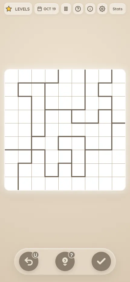 The Oct 19 Starspuzzle board at phone size: the 9x9 two-star grid fills the width, with the undo, hint and check bar at the bottom