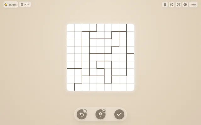 The Starspuzzle daily board for Oct 6: an empty 9x9 grid divided into regions by thick dark borders, with undo, hint and check buttons below