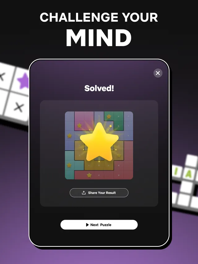 A solved Starstruck board in Netflix Puzzled, with a star over a grid of coloured regions