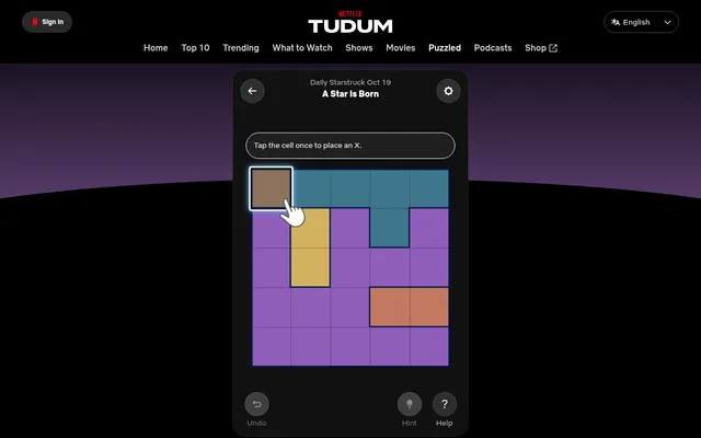 Today's Starstruck board on Tudum (A Star Is Born, 19 Oct 2026): a five by five grid of coloured regions, with the first-move tip over the top row