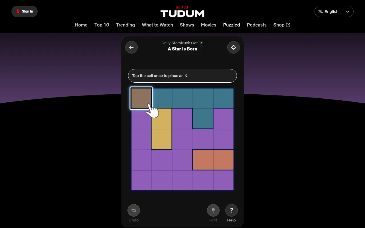 Today's Starstruck board on Tudum (A Star Is Born, 19 Oct 2026): a five by five grid of coloured regions, with the first-move tip over the top row
