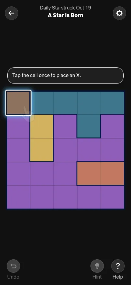 The same day's Starstruck board at phone size, with Undo, Hint and Help buttons below the grid