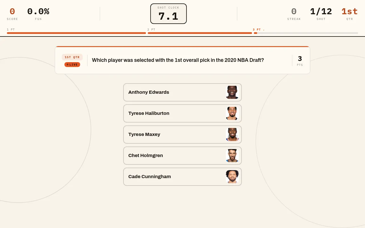 A Starting 5 Trivia question on the 2020 NBA Draft's first pick, with five player choices and the shot clock running