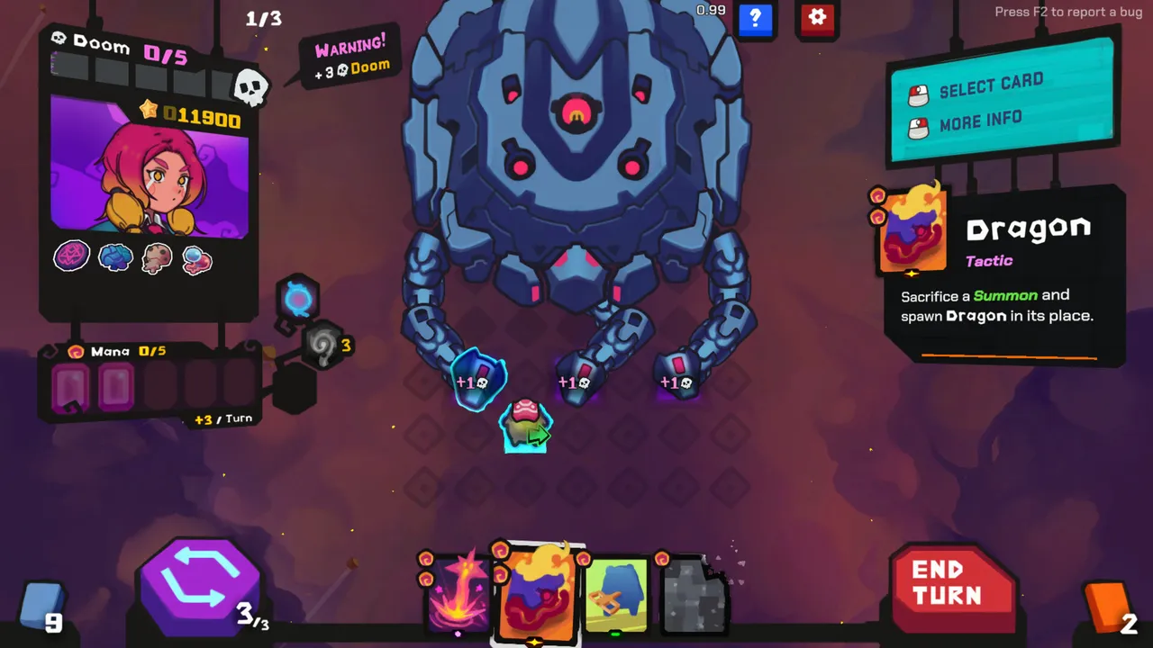 StarVaders screenshot of a mech facing a grid of alien invaders with cards in hand