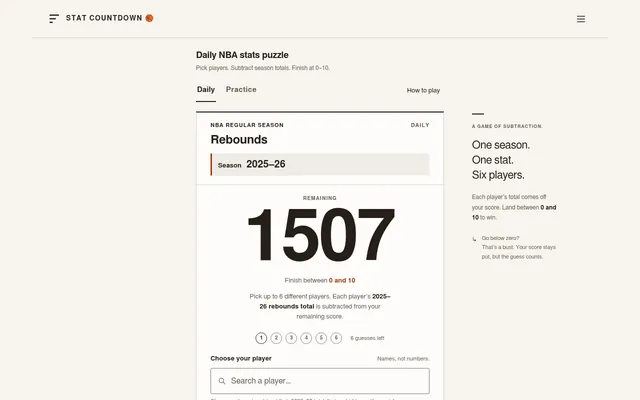 Stat Countdown's daily board: rebounds in the 2025-26 NBA season, 1507 remaining, six guess slots and a player search box