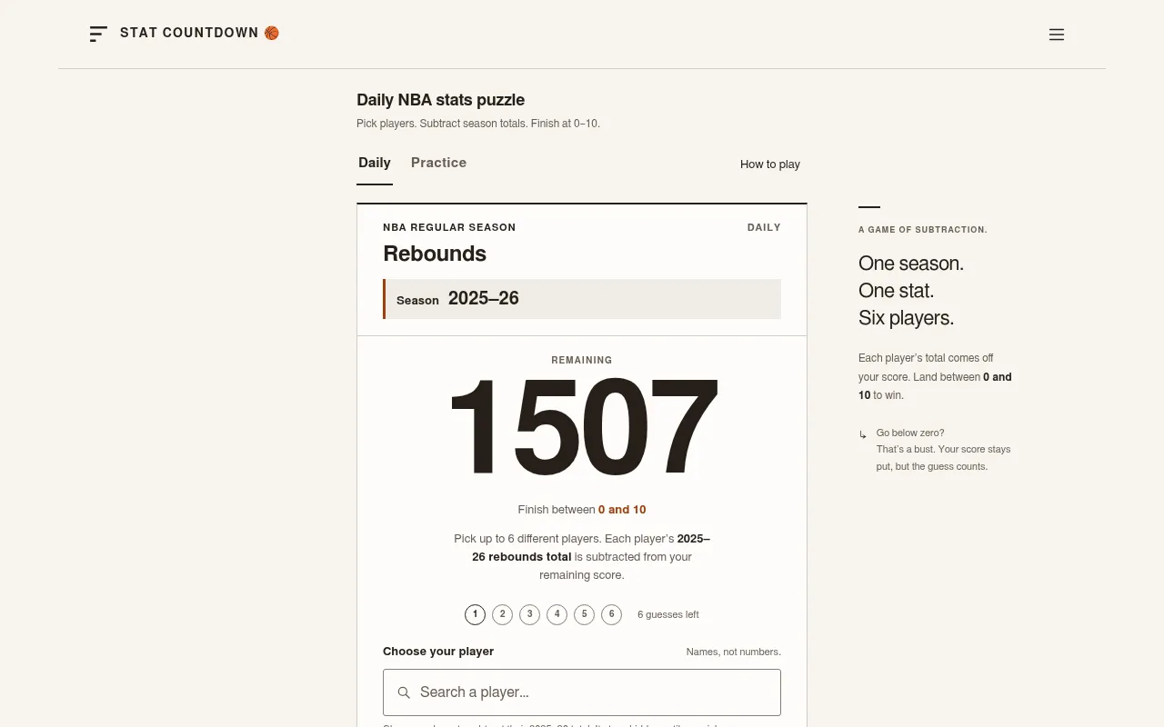 Stat Countdown's daily board: rebounds in the 2025-26 NBA season, 1507 remaining, six guess slots and a player search box